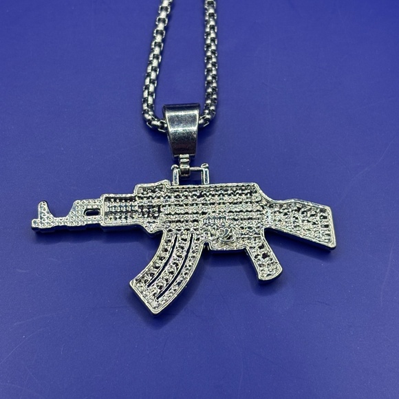 Silver tone Iced out AK-47 pendant 3A CZ hip hop rapper jewelry chain included - Picture 3 of 4